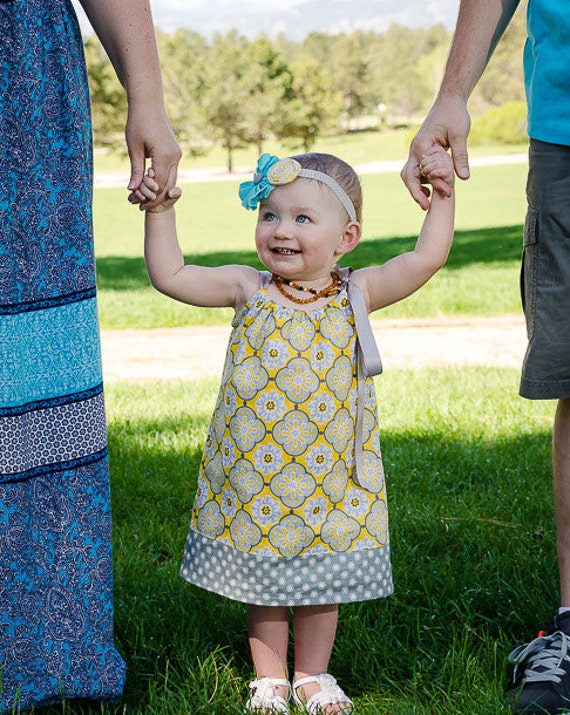 Girls Grey and Yellow Pillowcase Dress Grey Yellow & White
