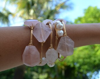 Pink Rose Quartz Geode Stone Gold Wire Wrapped Bangle Bracelet