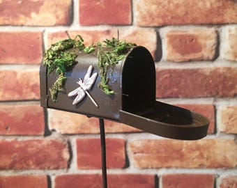 Miniature rustic metal mailbox on pick with hinge, fairy garden mailbox, dragonfly mailbox, miniature garden, container garden, gnome garden