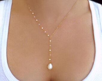 Pearl Lariat Necklace Teardrop, Freshwater Pearl Necklace Gold, Beaded Y Bridal Pearl Necklace Wedding, Dainty Pearl Bridesmaid Jewelry