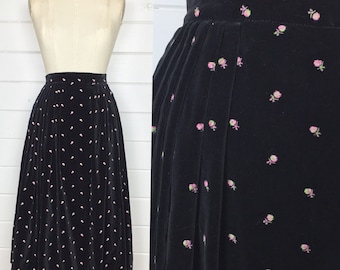 Vintage 1950s Black Velvet Floral Full Skirt / Pink Embroidered Roses / Made by Jo Collins / Midcentury