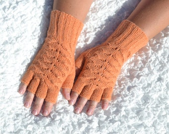 Cashmere half finger gloves, hand knitted cashmere gloves, orange gloves, knit winter gloves, women's very soft cable knit gloves