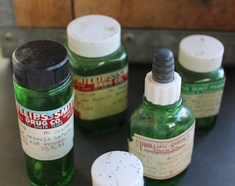 Five green apothecary bottles set of five