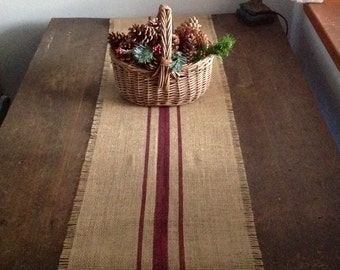 Rustic Burlap Table Runner 10-14x72, 84 or 96 Merlot Striped Burlap Runner