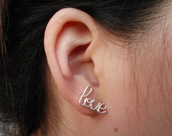 Silver Wire Love Earring Cartilage Earring Ear Cuff Cartilage Stud Word Stud Silver Wire Love Earring Cartilage Earring Ear Cuff Cartilage Stud Word Stud
