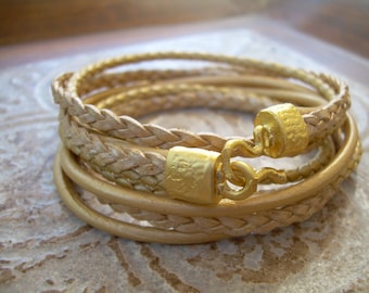 Womens Bracelet, Women's Triple Wrap Gold Leather Bracelet with 22k Gold Plated Hook Clasp, Leather Bracelet, Womens Jewelry, 22k , gold