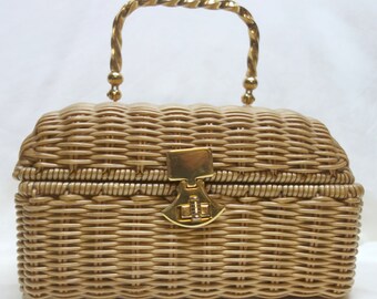 Vintage Natural color coated wicker box purse with metal Handle by BEST & Co.