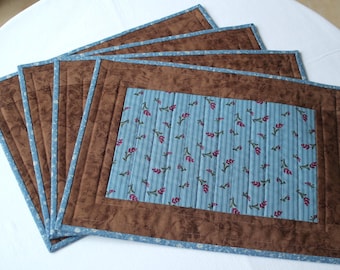 Quilted Placemats, Blue Brown Table Mats, Floral Place Mats, Country Home Decor, Set of 4 Placemats, Quiltsy Handmade