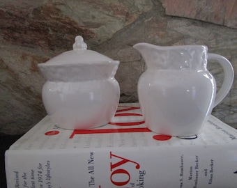 White Embossed with Fruit Creamer and Sugar Bowl