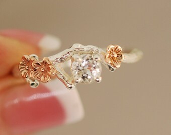 Bud branch with blossoms, twig engagement ring, alternative engagement ring