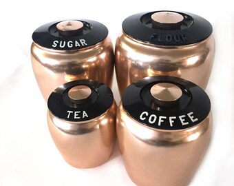 4 Vintage Kromex Canisters Jars Aluminum Copper Spun Flour Sugar Tea Coffee