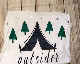 Outsider/ outside/ camping shirt/ tents/ trees/ stars/ outdoors/rv/trailer