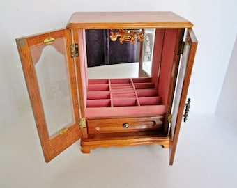 Wood Armoire Jewelry Box by J.F. Wood Industry, Dresser Organizer Bottom Drawer, Vintage pink lining, ring rolls, necklace carousel