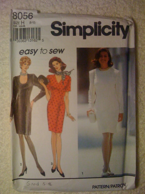 Simplicity 8056 Sewing Pattern 90s Misses and Miss Petite Dress with Neckline Variations Size 6-10