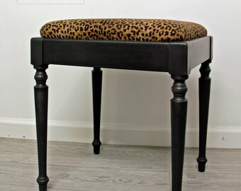 Vintage, Hand Painted, Black Stool With Leopard Print Fabric, Bedroom Stool, Living Room Stool
