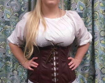 Lined and boned leather longwaisted corset.
