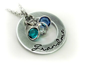 Personalized Grandma Necklace, Mimi Necklace, Hand Stamped Jewelry, Birthstone Necklace For Grammy, Grandkids Necklace, Grandmother Gift