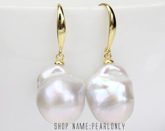 Large baroque pearl earrings,big flameball pearl earrings,yellow gold plated sterling silver white pearl earrings,drop fireball pearl earing