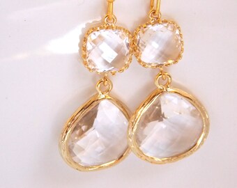 Wedding Jewelry , Crystal Earrings, Gold, Clear, Bridesmaid Earrings, Bridesmaid Gifts, Bridesmaid Jewelry, Dangle, Drop, Wedding Gifts