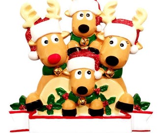 Reindeer with Bells Family of 4 - Personalized Christmas Ornament - Reindeer Ornament - Reindeer Family Ornament - Reindeer Bells