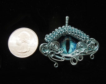 Glass Dragon Eye Pendant - Baby Blue Wire Wrap Blue Eyeball Jewelry