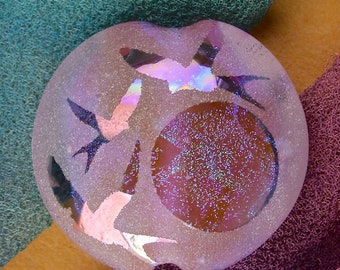 Lampwork Glass Bead SRA "Sunset Swallow Window" Handmade Sandblasted Focal Bead Faceted Lentil, Dichroic, Iridescent Lustre ~ Pink Purple