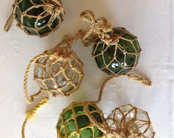 Set of 5 fishing floats, antique glass ball, ball with macrame / Green fishing float