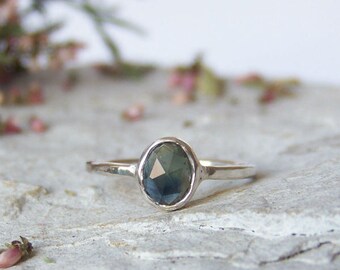 Custom Sapphire ring, rose cut sapphire ring, greenish blue sapphire ring, delicate ring, stacking ring, For Order