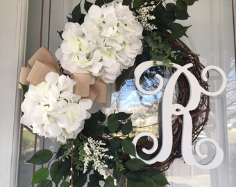 Wreaths for Front Door Year Round Farmhouse Wreath Hydrangea Wreath Summer Monogram Wreath Spring Wreath Gift Ideas Housewarming
