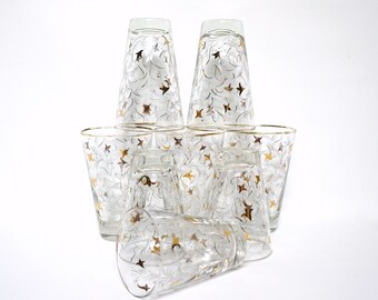Mid Century Drinking Glass Set by Libbey - Gold Tulips - Floral Design - Set of 8 - Glass Tumblers