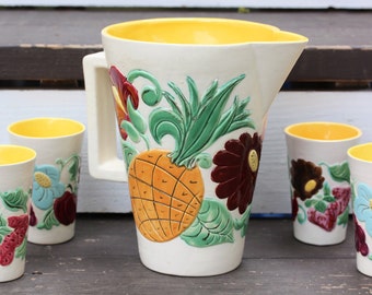 Vintage Handpainted Fruits and Flowers Ceramic Pitcher and Tumbler Set