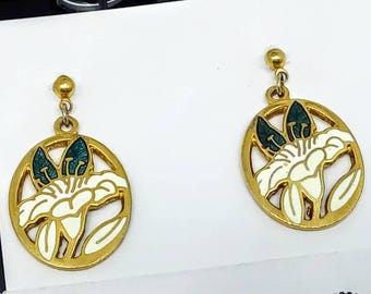 1980s 27x15mm vintage enamel earrings, vintage cloisonne earrings, cloisonne drop earrings, cloisonne flower earrings, flower drop earrings