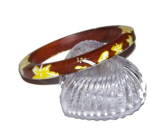 Hawaiian Bracelet, Hand Painted Wood Bangle, SALE, Hibiscus Floral Motif, Dark Wood, Yellow & White Flowers - EE66