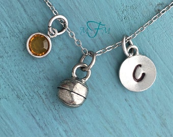 Basketball Charm Necklace, Personalized Necklace, Silver Pewter Basketball Charm, Custom Necklace, Swarovski Crystal birthstone