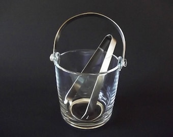 Hoya Glass Crystal Ice Bucket & Tongs, Mid-Century Modern With Handle, Japan, 1970s