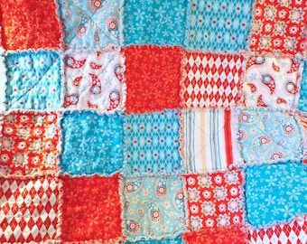 Rag Quilt - Lap Quilt - Aqua and Red - Paisley Flowers Stripes - Gift For Her
