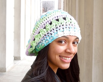 Crochet Cotton Slouchy Hat, Women, Teen, Multicolor, Tam, Spring Hat, Summer Hat,