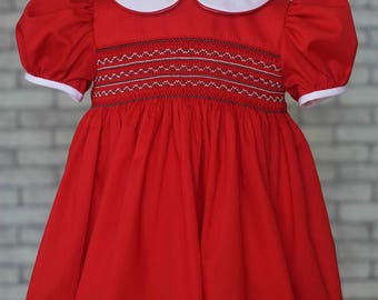 Red smocked dress for toddler, smocked dress for little girl, hand smocking dress with Peter Pan collar, imperial batiste