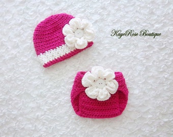 Newborn to 3 Month Old Baby Girl Crochet Flower Hat and Diaper Cover Set Pink and White Stripe