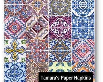 4 Decoupage Napkins, Paper Napkins, TILES MULTI, 33cm 13 Inch. Colourful Collection of Morrocan Tiles.