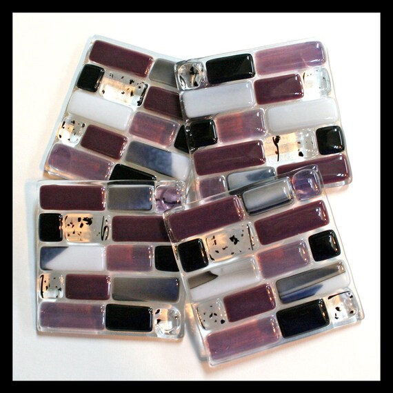 Items similar to Glassworks Northwest Set of 4 Fused Glass Coasters Tile Pattern Purples on Etsy