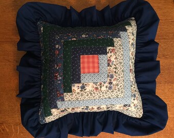 Hand-Quilted Log Cabin Pillow in blues and greens