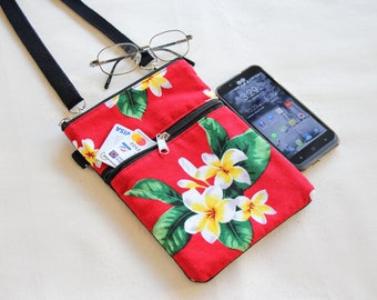 Small cross-body bag, Travel cell phone purse, Smart phone purse, Passport bag, Small travel bag Hawaiian print