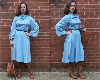 1970’s Size M-L Debenhams Baby Blue Cowl Neck Dress with Bell Sleeves