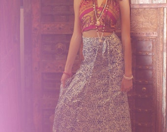 Saheli Bohemian Full Length Blue Printed Wrap Around Skirt Rayon Printed Summer Fashion Gypsy Hippie Chic Halter Dress