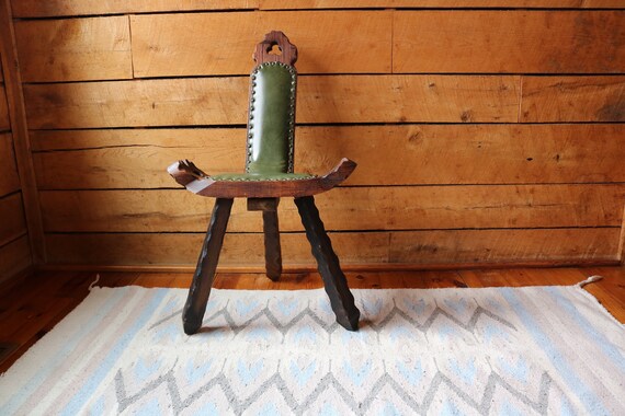 Hand-Carved Birthing Chair Antique With Studded Green - Hand-Carved Birthing Chair Antique With Studded Green