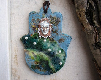 Hamsa Wall Hanging, Handmade Ceramic Hamsa, Pagan Art, Green Blue Hamsa, Evil Eye Protection Talisman, Ready to Ship.