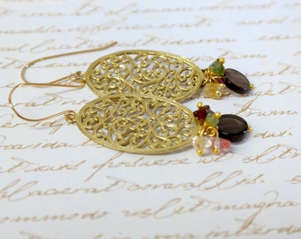 Women's Mother Gift, Gold Earrings ,Ethnic Gold Earrings ,Gold Lace Earrings ,Gold Lace Filigree Earrings , Gold Gemstone Earrings