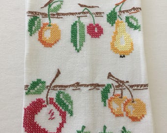 Vintage Fruit Cross Stitch Embroidered Tea Towel ~ Kitchen Towel