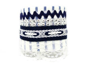 Cuff Bracelet Navy Blue and white with Rhinestones - Large bracelet - hand